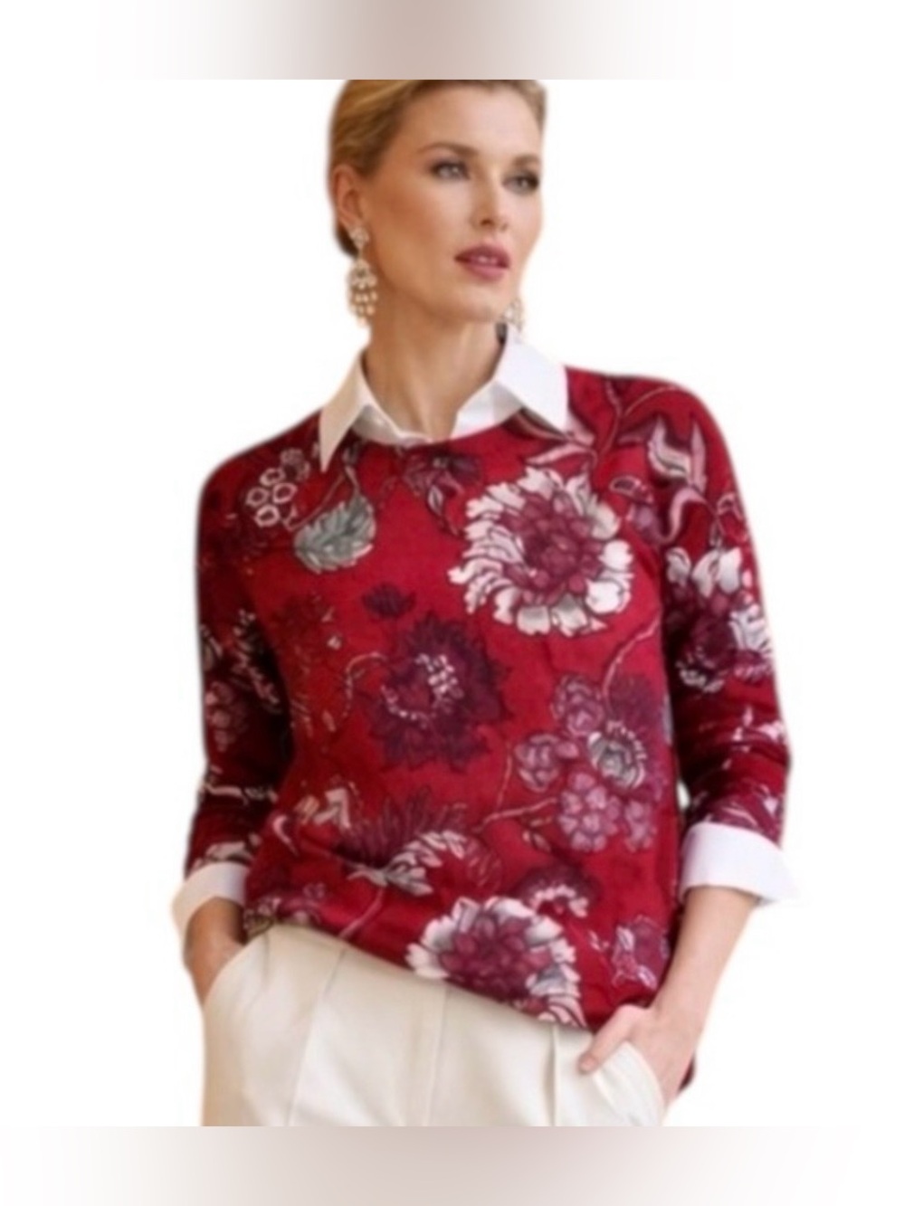 Talbots 100% Cashmere Sweater Audrey Floral Red Graphic Sz Medium Stretch